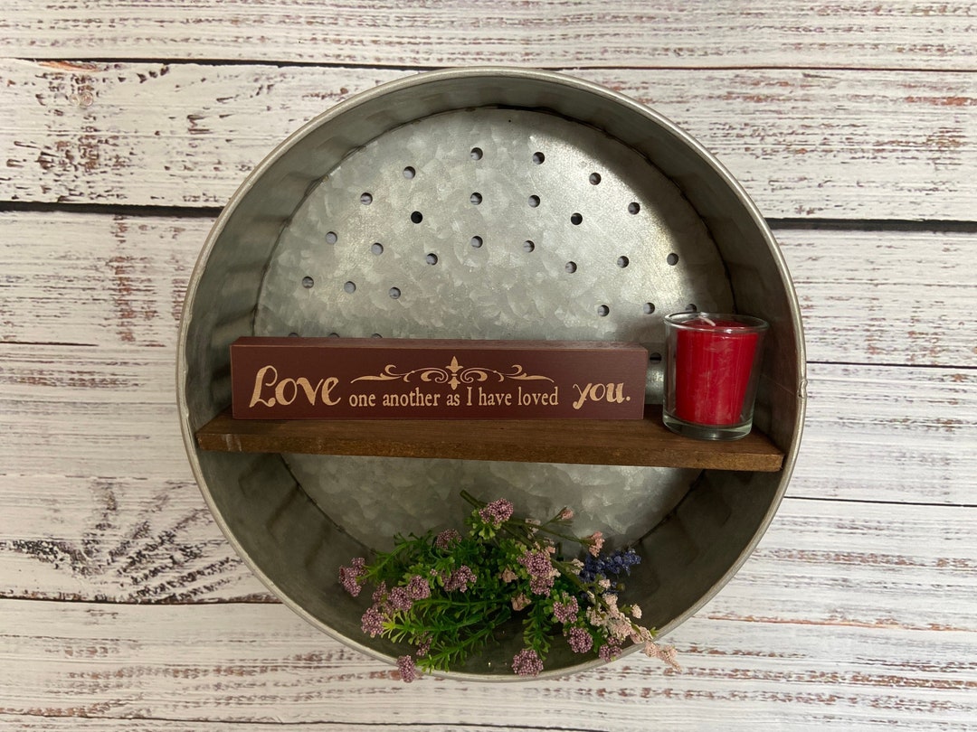 Round Distressed Galvanized Metal Wall Shelf With Wood Accent Etsy