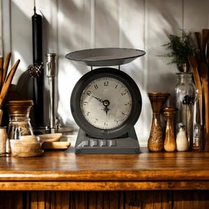May include: A vintage-style gray kitchen scale with a clock face. The scale has a round clock face with black numerals and hands, and a gray tray. The scale is set on a wooden surface.
