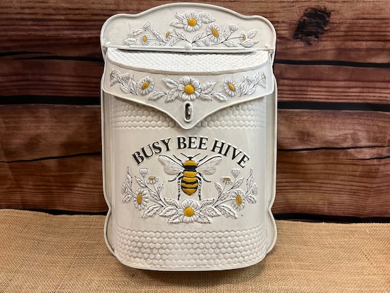 Busy Bee Hive Metal Mailbox, Distressed White Post Box, Farmhouse Mail Organizer