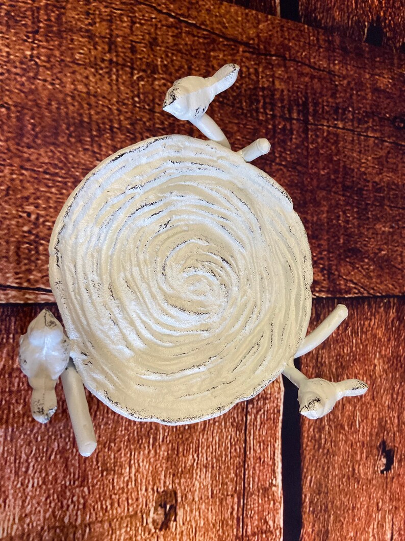 May include: A white, cast iron decorative plate with a spiral design. The plate is adorned with three bird figures, each perched on a branch extending from the plate's edge. The plate has a distressed finish with black accents, set against a wooden background.