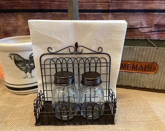 Garden Gate Farmhouse Napkin Caddy with Salt and Pepper Shakers