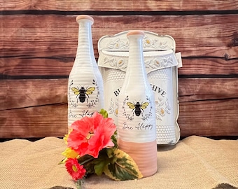 Bee Happy Vase - Medium Bud Vase or Large Vase, White Ceramic Bud Vase with Bee