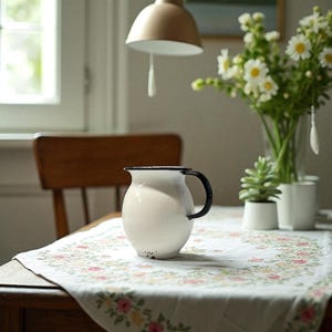 Charming White Metal Pitcher Vase   Shabby Chic Vintage Style Water Jug