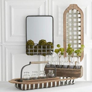 Rectangular Mirror with Basket | Metal Wall Mirror | Farmhouse Bathroom Decor