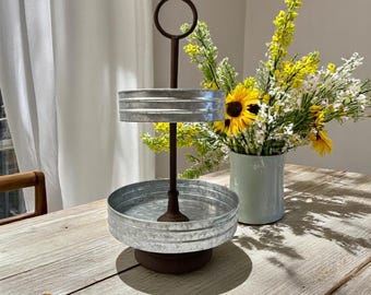 Galvanized Rustic Metal Display Stand, Farmhouse Centerpiece, Tiered Server