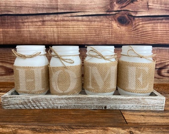 Burlap-Wrapped Home Mason Jar Containers In Tray