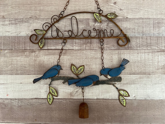 Bluebird Welcome Sign | Metal Bird Wall Decor | Rustic Garden Sign