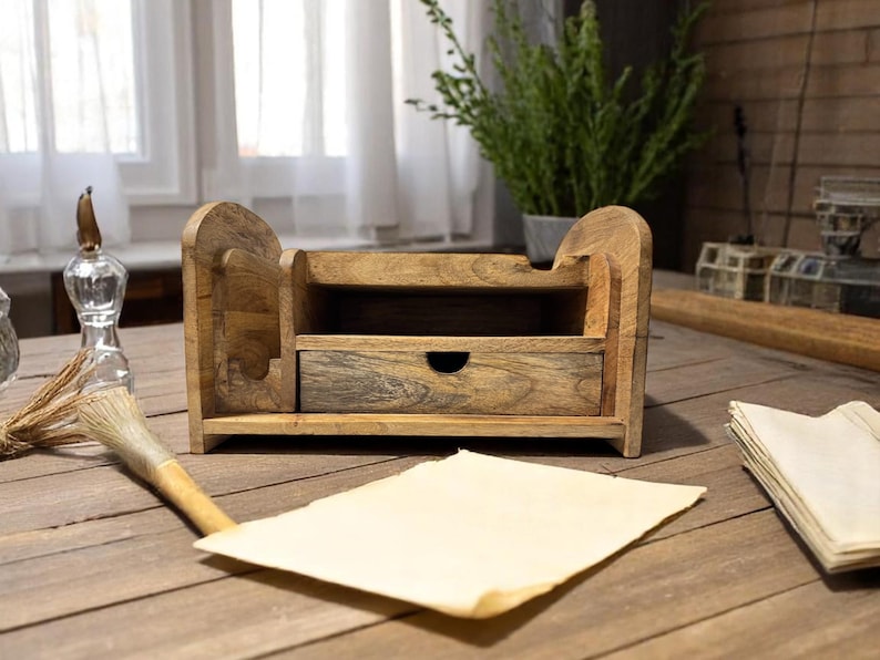 Rustic Wood Desk Organizer - Multi Compartment Office Storage - Desktop ...
