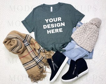Christmas Bella Canvas 3001 Mockup - Heather Forest Green Tied T-Shirt (Digital Download)