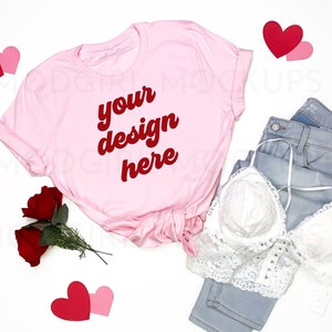 Valentines Day T shirt Mockup Bella Canvas 3001 Pink Tshirt Mock Up Bella Canvas Pink Mock Up Flat Lay Tied Tee Mockup Trendy Womens Mock Up