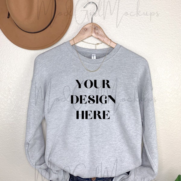 Bella Canvas Athletic Heather Grey Sweatshirt Mockup - Feminine Hanging Fall Winter Mockups - Stylish Mockups - Drop Fleece Sweatshirt 3945