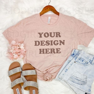 Bella Canvas 3001 Mockup, Peach Tshirt Mockup, Bella Canvas Heather Prism Peach T shirt Mock Up, Boho Mockup, Flat lay, Bella Canvas Mockup