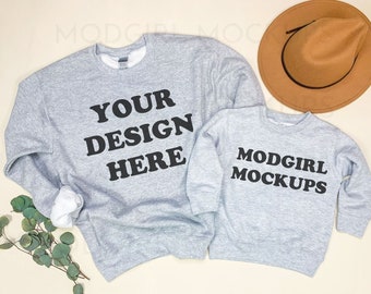 Mommy and Me Gray Sweatshirt Mockup, Gildan 18000, Rabbit Skins (Digital Download)