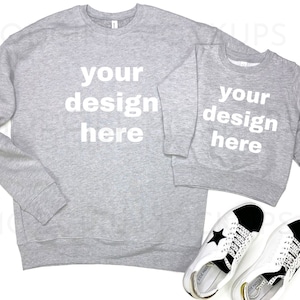 Matching Mommy and Me Gray Sweatshirt Mockup, Bella Canvas Athletic Heather Gray Sweatshirt 3945 Mockup, Folded Sweatshirt Mockup Flat Lay