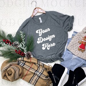 Christmas Mockup - Bella Canvas 3001 CVC Mockup - Bella Canvas Deep Heather Mockup - Gray T Shirt Mockup - Hanging Mockup - Tied Tee Mockup
