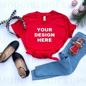 Christmas Mockup, Bella Canvas 3001Y Kids Tshirt Mockup, Girls Red T shirt Mock up, Christmas Tshirt Mockups, Childrens Mockup, Red Tee