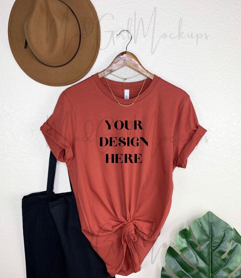 Download Bella Canvas 3001 Rust T shirt Mockup Fall Mockups Hanging ...