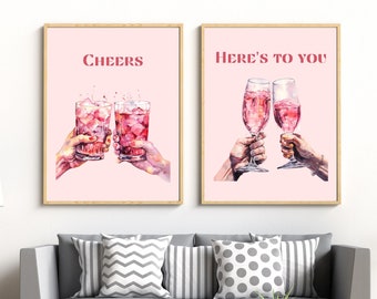 Vintage drankposter set van 2 | Barwagen kunst aan de muur | Retro alcoholprint Proost