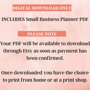 Op de afbeelding: Alleen digitale download. Bevat een PDF-planner voor kleine bedrijven. Uw PDF is beschikbaar om te downloaden via Etsy zodra de betaling is bevestigd. Nadat u de PDF hebt gedownload, kunt u deze thuis of bij een drukkerij afdrukken.