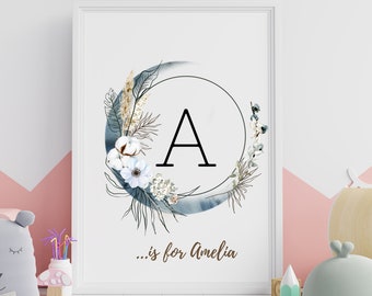 Personalised Initial Nursery Print, Letter A A4 Choose Your Name & Initial, Baby Decor Print, Nursery Wall Decor, Monogram Initial