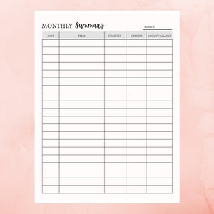 Op de afbeelding: Een zwart-witte, printbare maandelijkse budgettracker met kolommen voor datum, item, kosten, tegoeden en saldo.