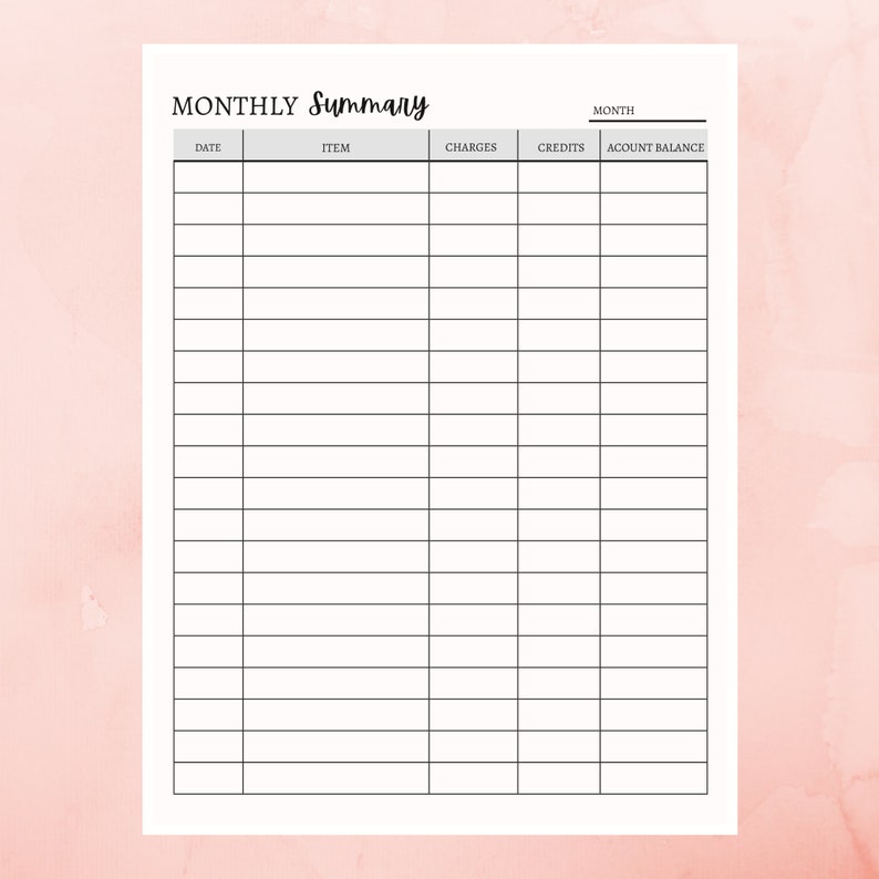 Op de afbeelding: Een zwart-witte, printbare maandelijkse budgettracker met kolommen voor datum, item, kosten, tegoeden en saldo.