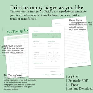 Könnte beinhalten: Druckbarer Tee-Tagebuch mit einem grün-weißen Farbschema. Das Tagebuch enthält Seiten zum Verfolgen von Tee-Verkostungsnotizen, einem Master-Listen-Tracker und zusätzlichen Notizen. Das Tagebuch ist 7 Seiten lang und steht als sofortiger Download zur Verfügung.