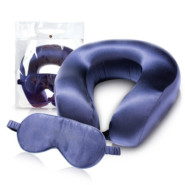 Silk Neck Travel Pillow & Sleep Mask, Mulberry Silk 3-Piece Set, Memory Foam Travel Pillow, Neck Pillow for Traveling, Airplane Pillow