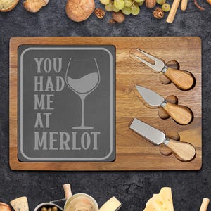 Engraved Acacia Wood Charcuterie Board with Slate Insert - Wine & Cheese Serving Tray