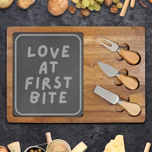 Engraved Acacia Wood Charcuterie Board with Slate Insert - Wine & Cheese Serving Tray