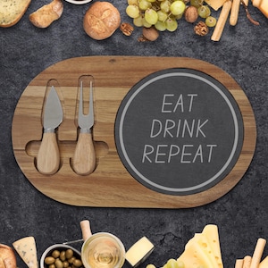 Engraved Acacia Wood Charcuterie Board with Slate Insert - Wine & Cheese Serving Tray