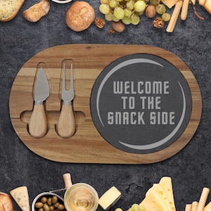 Engraved Acacia Wood Charcuterie Board with Slate Insert - Wine & Cheese Serving Tray