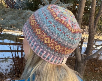 Hand spun hand knitted Shetland wool hat in natural colours