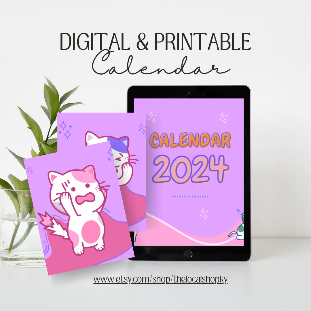 2024 Printable Cute Cat Calendar All 12 Months Horizontal Etsy