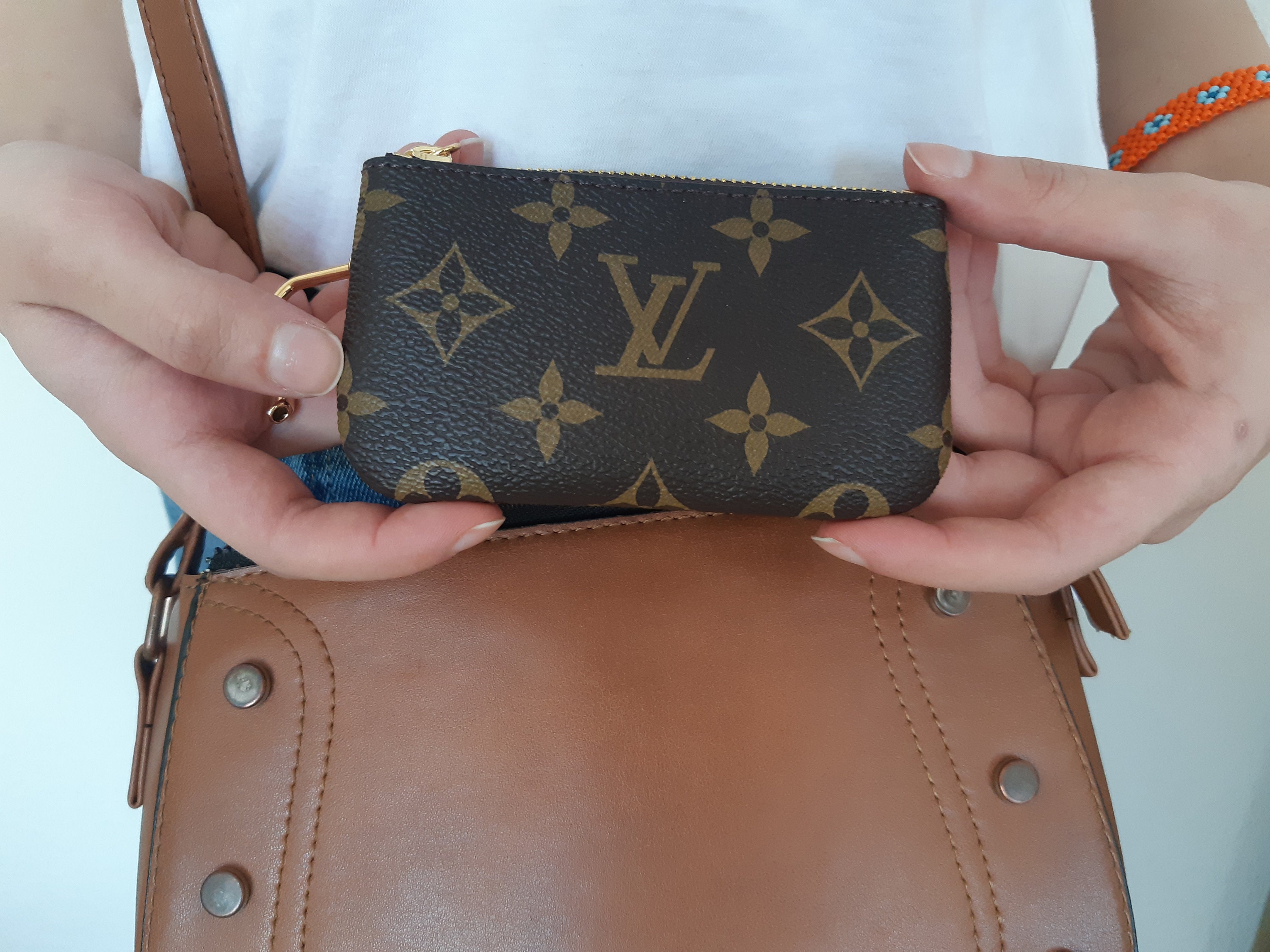 lV, Repurposed Authentic Leather Key Pouch , Keychain purse ,Coin bag ,Coin Purse , Women Girlfriend Gift