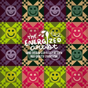 May include: A colorful seamless pattern featuring smiley faces and geometric shapes in shades of green, pink, purple, and yellow. The text "THE ENERGIZED artist" is displayed in white, along with other text. The design is labeled as hand-drawn and high quality.