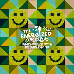 Puede incluir: Patrón repetitivo con cuatro caras sonrientes amarillas con sonrisas y ojos negros, sobre un fondo geométrico de triángulos verdes, turquesa y beige. El texto "THE ENERGIZED ARTIST" se muestra en blanco, junto con texto adicional.