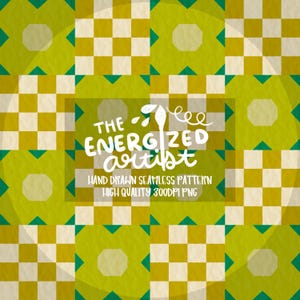 May include: Seamless pattern design with a repeating geometric pattern in shades of green, yellow, and white. The design includes squares, octagons, and triangles. Text in the center reads "The Energized Artist".