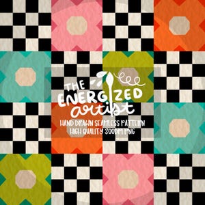 Peut inclure: Motif sans couture coloré avec des carrés floraux et à carreaux. Le motif comprend des carrés roses, oranges, verts et turquoise avec une forme de fleur beige au centre. Le texte "THE ENERGIZED artist" est visible.