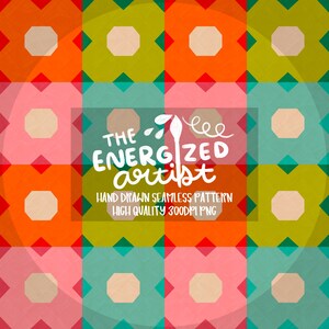 Peut inclure: Motif géométrique coloré avec des carrés orange, verts, roses et turquoise. Chaque carré contient un octogone blanc. Le texte "The Energized Artist" est superposé au motif, avec du texte supplémentaire.