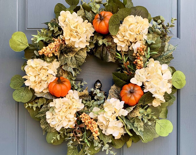 Farmhouse Wreath Autumn Wreath Country Fall Wreath Fall Wedding Decor Earthy Fall Hydrangea Wreath with Pumpkins
