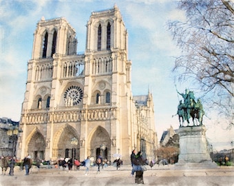 May include: A watercolour painting of Notre Dame Cathedral in Paris, France. The cathedral is a large, ornate building with two tall towers and a large rose window. People are walking in front of the cathedral, and a statue of a knight on horseback can be seen in the background.