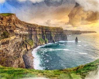 Landscape Digital Watercolor Portrait | Cliffs of Moher