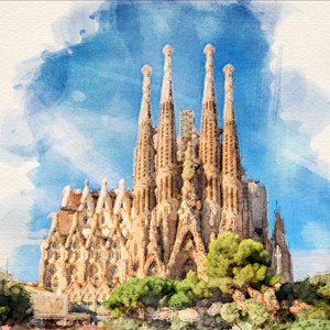 Landmark Digital Watercolor Portrait | Sagrada Familia