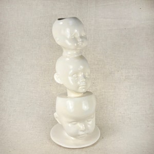 Vintage Doll heads, Stacked Doll Head vase, White ceramic baby heads, Unique doll head art, Doll head assemblage, Doll head bud vase