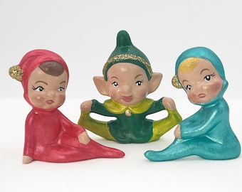 Vintage kerstelf, modern uit het midden van de eeuw, pixie in retrostijl, keramische elf, keramische elf, vintage kerstdecor, elfenset, schattige elfjes