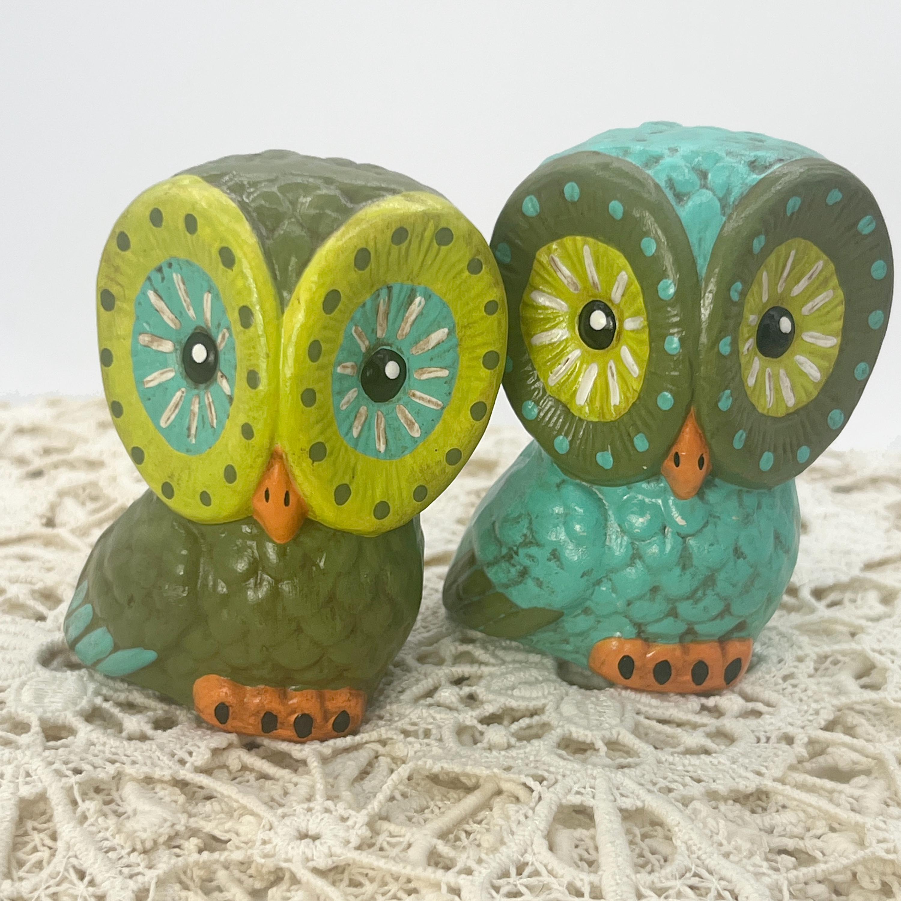 Vintage Hand-Painted Ceramic Owls: Retro 70s Kitsch Decor