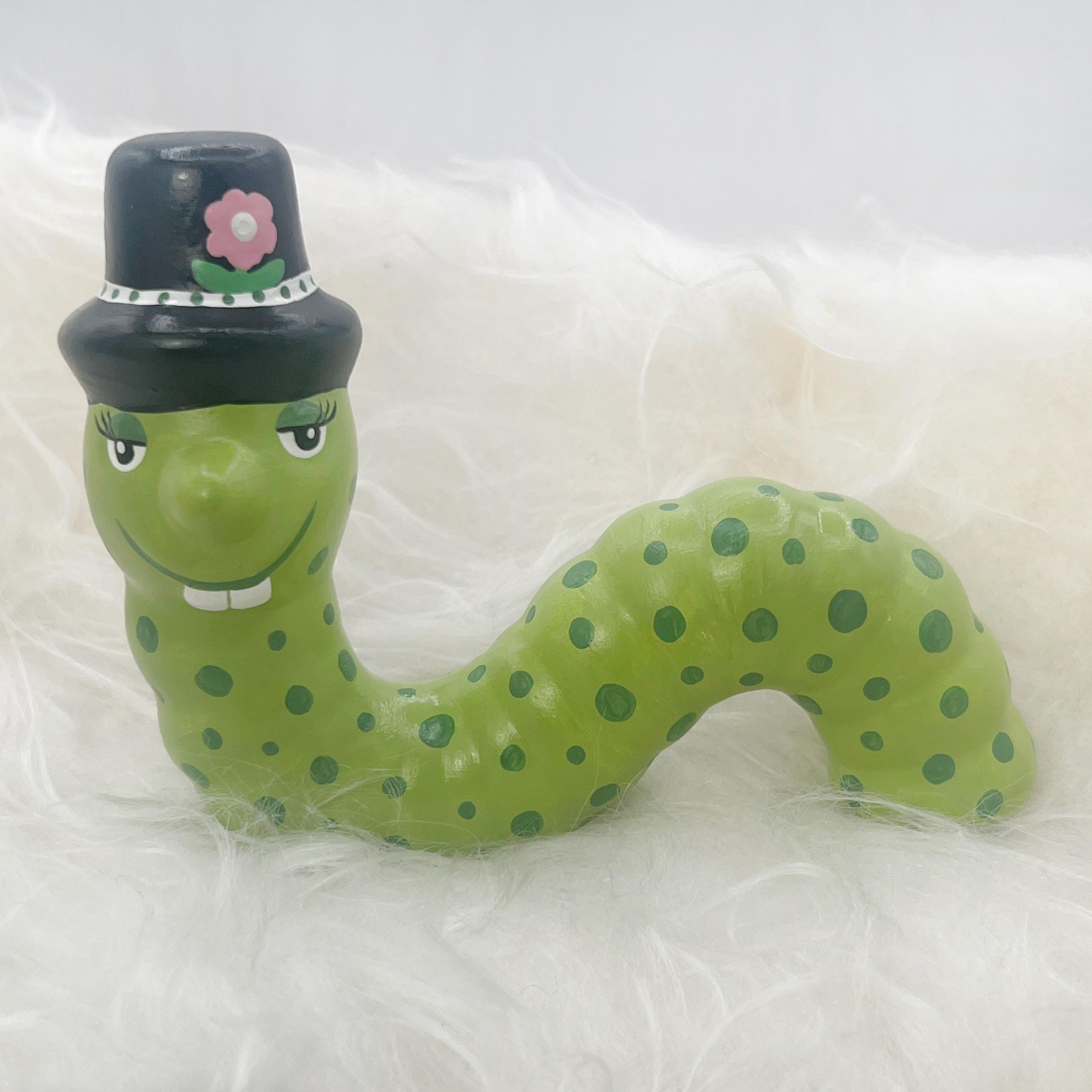 Vintage Style Inchworm, Ceramic Caterpillar in Top Hat
