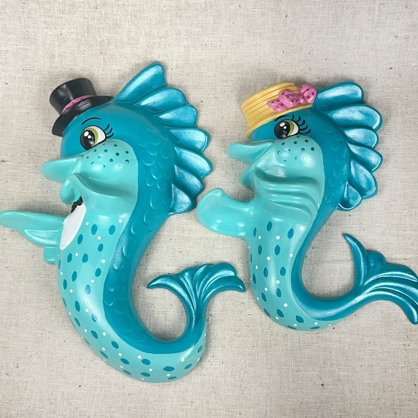 Vintage fish plaques, Bath decor, Anthropomorphic Fish Couple, Vintage Arnels fish wall hangings, Mid century modern, mermaid bath decor