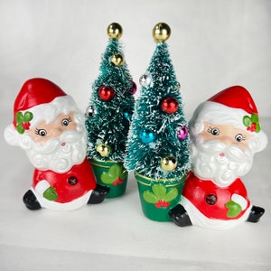 Vintage MCM Santas, Mid Century Modern Xmas Decor, Santas with Trees, Vintage holiday decor, Cute Santa Christmas figurines, Kitsch Santas